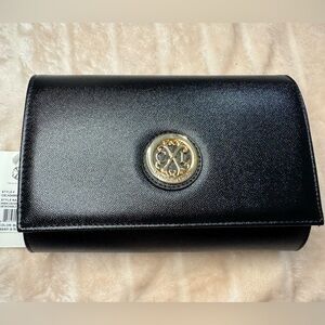 Christian Lacroix Black Clutch with Gold Emblem and Chain